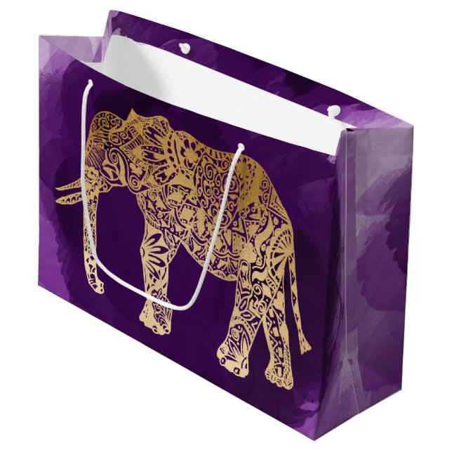 Sacola Para Presentes Grande elefante roxo de ouro falso (Frente inclinada)