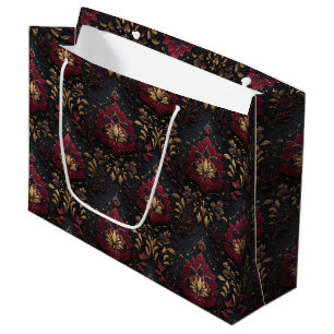Sacola Para Presentes Grande Elegância Dourada de Damasco Borgonha