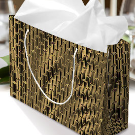 Sacola Para Presentes Grande Elegant Art Deco Pattern Arches Black Gold Chic