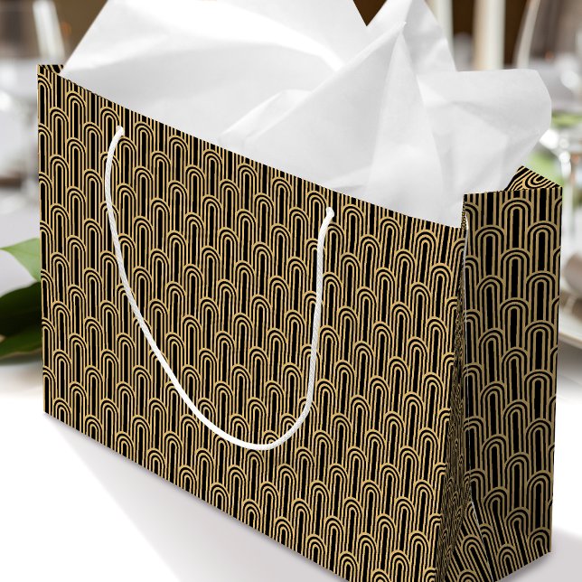 Sacola Para Presentes Grande Elegant Art Deco Pattern Arches Black Gold Chic (Criador carregado)