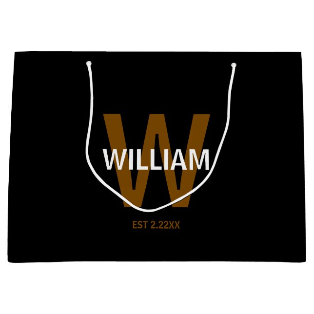 Sacola Para Presentes Grande Elegant Black &White Personalized Name Monogram (Frente)