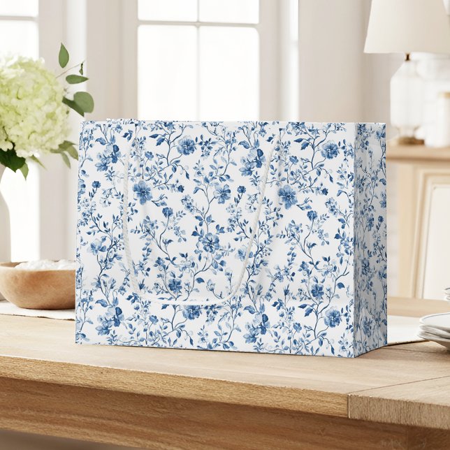 Sacola Para Presentes Grande Elegant Blue & White Floral Toile Botanical (Elegant blue toile pattern large gift bag - a timeless classic that's perfect for gifting!)