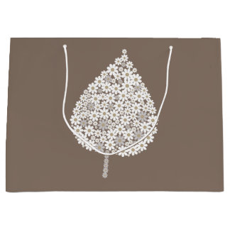 Sacola Para Presentes Grande Elegant Floral Leaf Design – White and Soft Grey 
