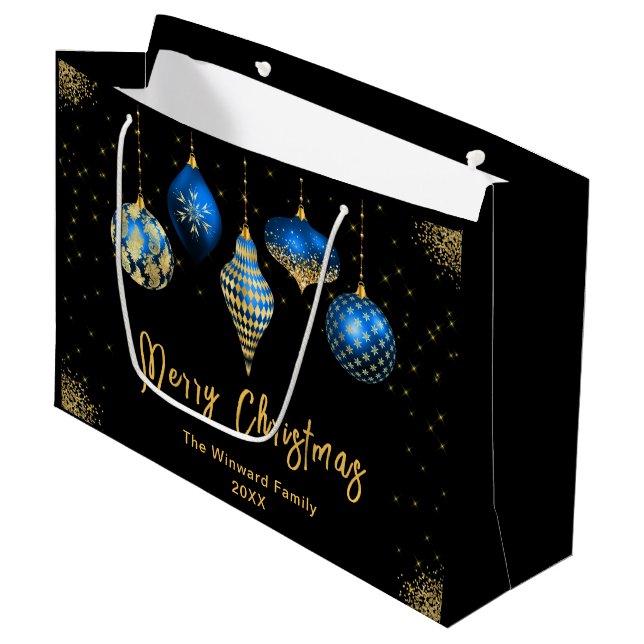 Sacola Para Presentes Grande Elegant Gold and Blue Ornament Christmas (Frente inclinada)