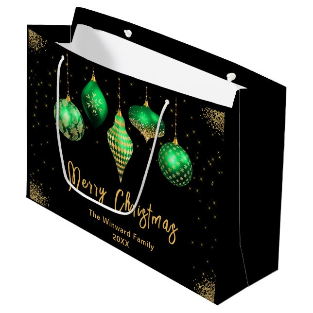 Sacola Para Presentes Grande Elegant Gold and Green Ornament Christmas (Frente inclinada)