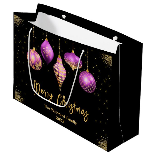 Sacola Para Presentes Grande Elegant Gold and Purple Ornament Christmas (Frente inclinada)
