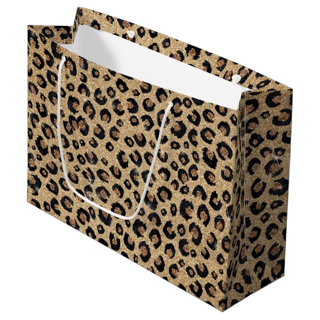 Sacola Para Presentes Grande Elegant Gold Glitter Black Leopard Print (Frente inclinada)