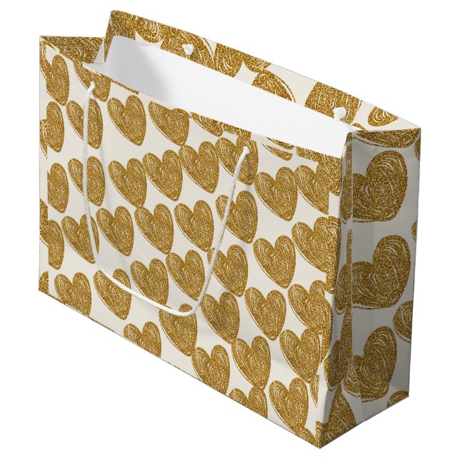Sacola Para Presentes Grande Elegant Gold Glitter Heart Wrapping Paper (Frente inclinada)
