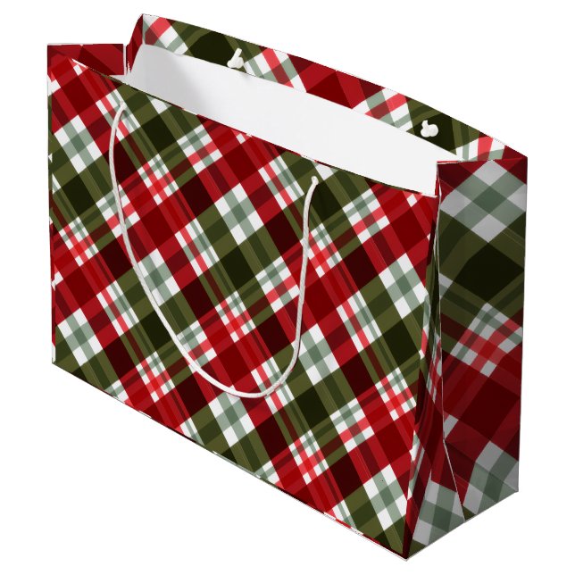 Sacola Para Presentes Grande Elegant green & white Red Plaid Rustic Christmas (Verso inclinado)