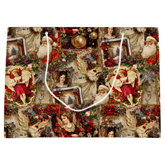 Sacola Para Presentes Grande Elegant Ivory and Red Victorian Christmas Collage (Frente)