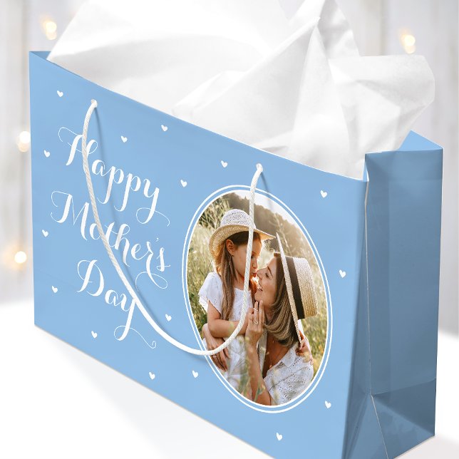 Sacola Para Presentes Grande Elegant Mother's Day Custom Photos Blue White (Criador carregado)