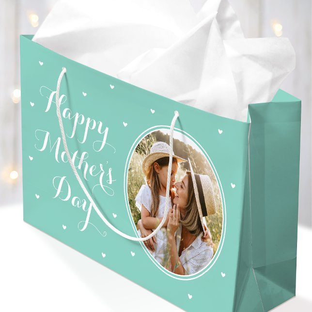 Sacola Para Presentes Grande Elegant Mother's Day Custom Photos Mint White (Criador carregado)