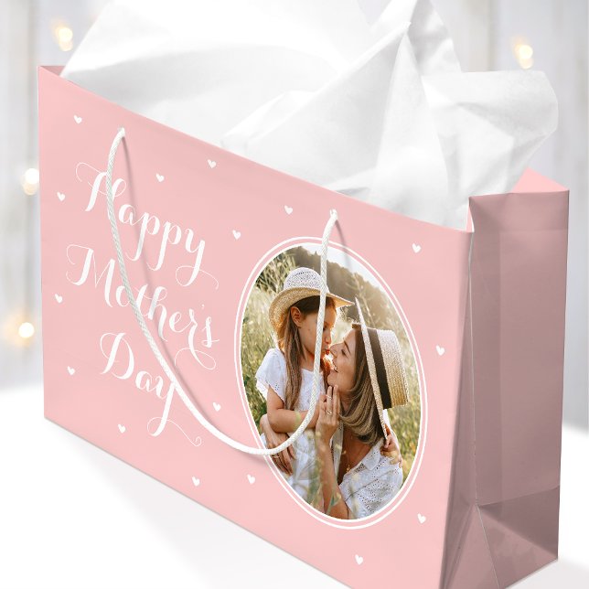 Sacola Para Presentes Grande Elegant Mother's Day Custom Photos Pink White (Criador carregado)