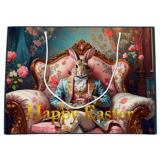 Sacola Para Presentes Grande Elegant rabbit Drinking Tea Happy Easter (Frente)