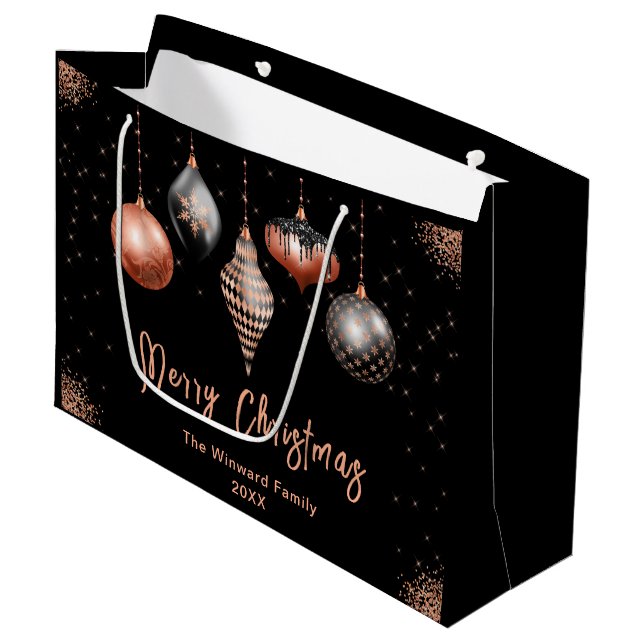 Sacola Para Presentes Grande Elegant Rose Gold and Black Ornament Christmas (Frente inclinada)
