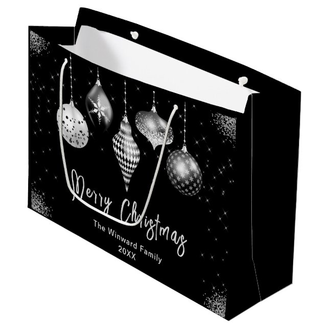 Sacola Para Presentes Grande Elegant Silver and Black Ornament Christmas (Frente inclinada)