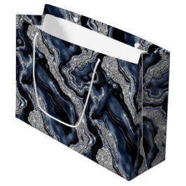 Sacola Para Presentes Grande Elegante Azul Marinho & Brilho Prateado Aniversári