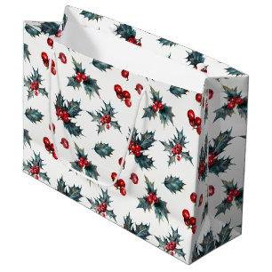 Sacola Para Presentes Grande Elegante Baga de Azevinho Férias de Natal Rústico
