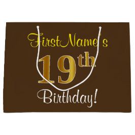 Sacola Para Presentes Grande Elegante, Castanho, Faux Dourado 19º Aniversário +