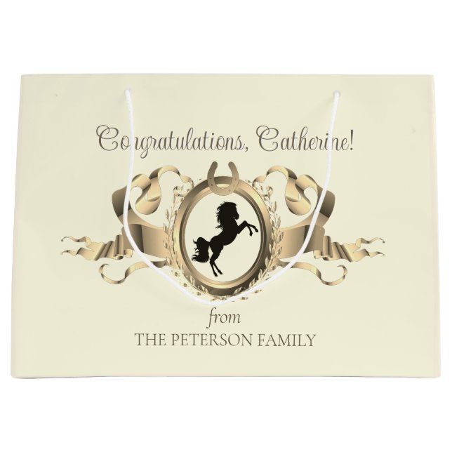Sacola Para Presentes Grande Elegante Chic Dourado Equestrian Ribbon Crest Nome (Frente)
