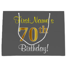 Sacola Para Presentes Grande Elegante, Cinza, Faux Dourada 70 Aniversário + Nom