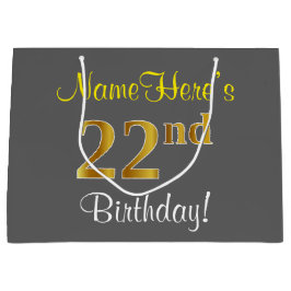 Sacola Para Presentes Grande Elegante, Cinza, Faux Dourado 22º Aniversário + No