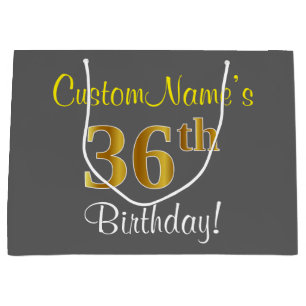 Sacola Para Presentes Grande Elegante, Cinza, Faux Dourado 36.º Aniversário + N