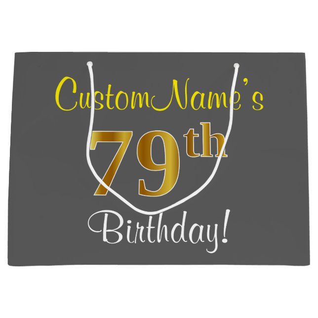 Sacola Para Presentes Grande Elegante, Cinza, Faux Dourado 79º Aniversário + No (Frente)