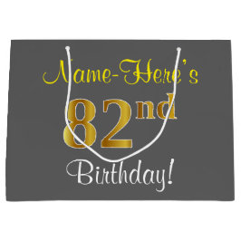 Sacola Para Presentes Grande Elegante, Cinza, Faux Dourado 82º Aniversário + No