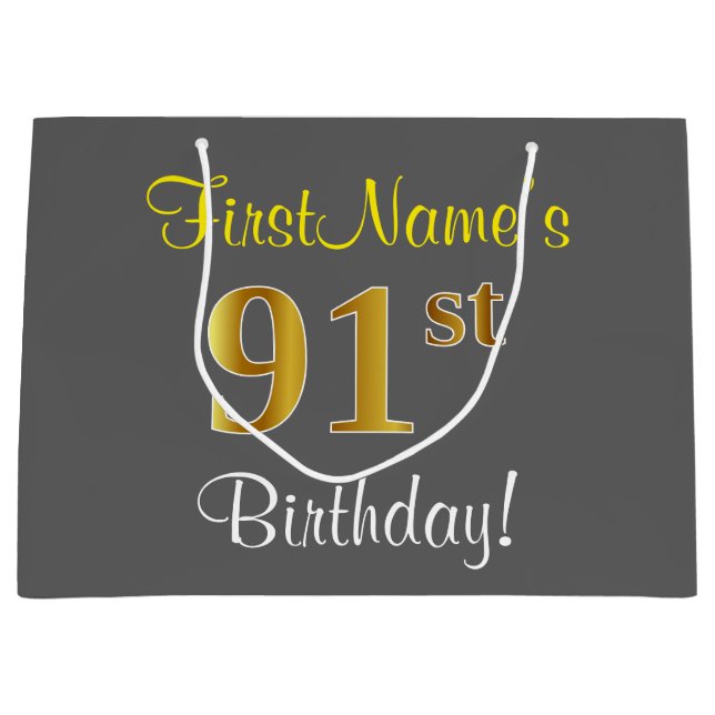 Sacola Para Presentes Grande Elegante, Cinza, Faux Dourado 91rua Aniversário +  (Frente)