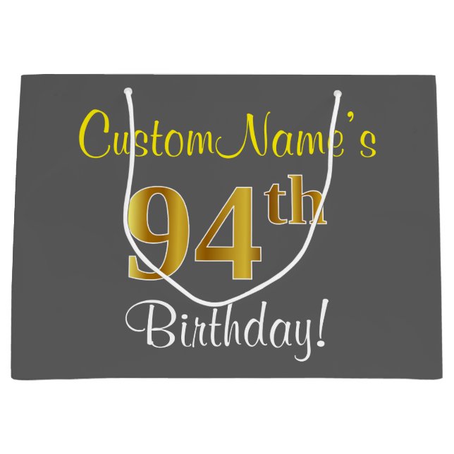 Sacola Para Presentes Grande Elegante, Cinza, Faux Dourado 94.o Aniversário + N (Frente)