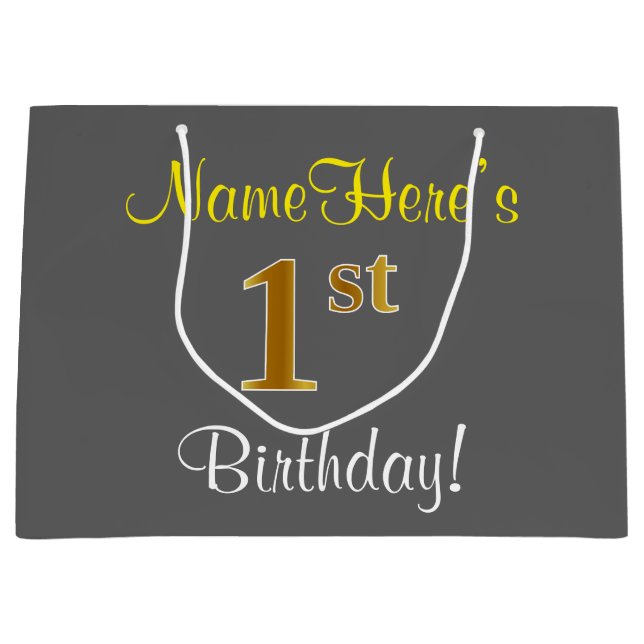 Sacola Para Presentes Grande Elegante, Cinza, primeiro aniversario Dourado Faux (Frente)
