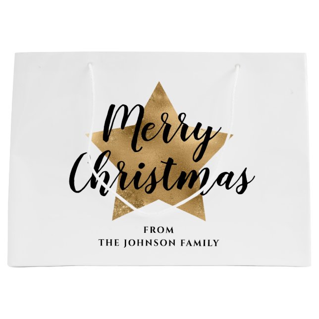 Sacola Para Presentes Grande Elegante Dourada Estrela Feliz Natal (Frente)