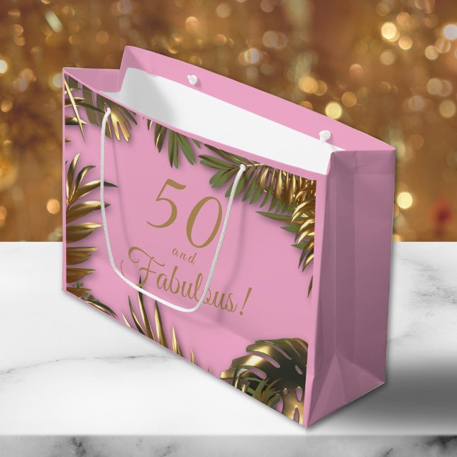Sacola Para Presentes Grande Elegante Dourado Rosa 50 Fabuloso Aniversário (Criador carregado)