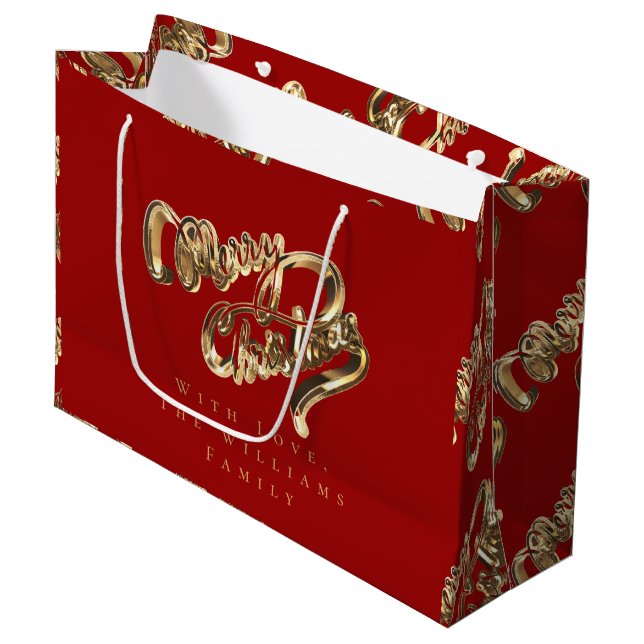 Sacola Para Presentes Grande Elegante Dourado Script Feliz Natal Vermelho (Frente inclinada)