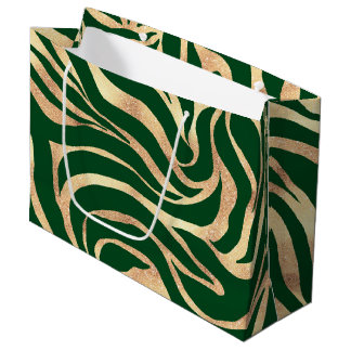 Sacola Para Presentes Grande Elegante Estampa Animal Zebra Verde Brilho Dourado