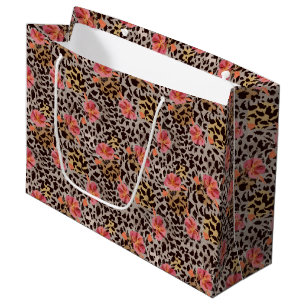 Sacola Para Presentes Grande Elegante Estampa de Leopardo com Flores Rosa