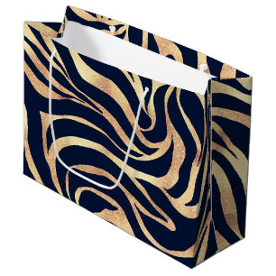 Sacola Para Presentes Grande Elegante Estampa de Zebra Azul Naval Dourado