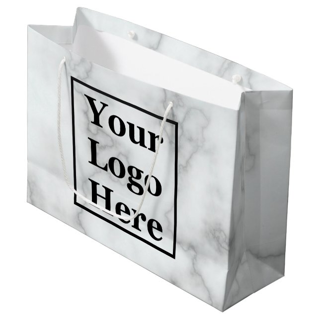 Sacola Para Presentes Grande Elegante Faux White Marble Business Logo Modelo (Frente inclinada)