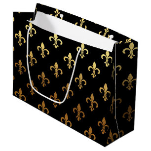 Sacola Para Presentes Grande elegante Fleur De Lis, padrão preto de dourado