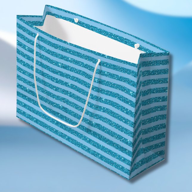 Sacola Para Presentes Grande Elegante Listras Horizontais Azul Oceano com Brilh (Criador carregado)