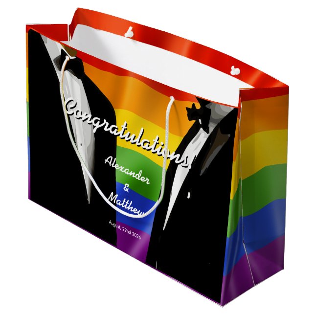 Sacola Para Presentes Grande Elegante Modern Gay Men Casando Rainbow (Verso inclinado)