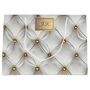 Sacola Para Presentes Grande Elegante Moderno Couro Branco Tuftado Dourado