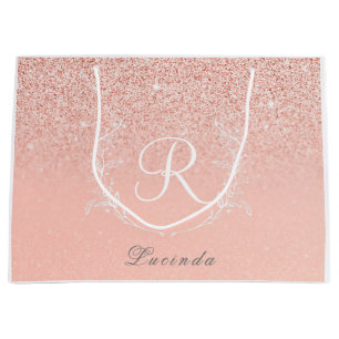 Sacola Para Presentes Grande Elegante Monograma Brilhante em Dourado Rosa