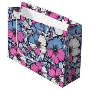 Sacola Para Presentes Grande Elegante padrão floral de hibisco azul (12)