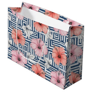 Sacola Para Presentes Grande Elegante padrão floral de hibisco azul (6)
