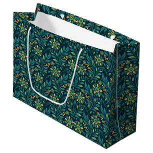 Sacola Para Presentes Grande Elegante padrão floral em amarelo e azul-turquesa