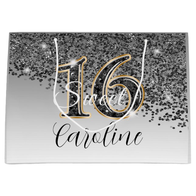 Sacola Para Presentes Grande Elegante Preto e Dourado Brilhante Doce 16 Anivers (Frente)