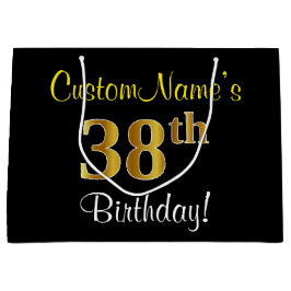 Sacola Para Presentes Grande Elegante, Preto, Faux Dourado 38º Aniversário + No