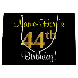 Sacola Para Presentes Grande Elegante, Preto, Faux Dourado 44 Aniversário + Nom
